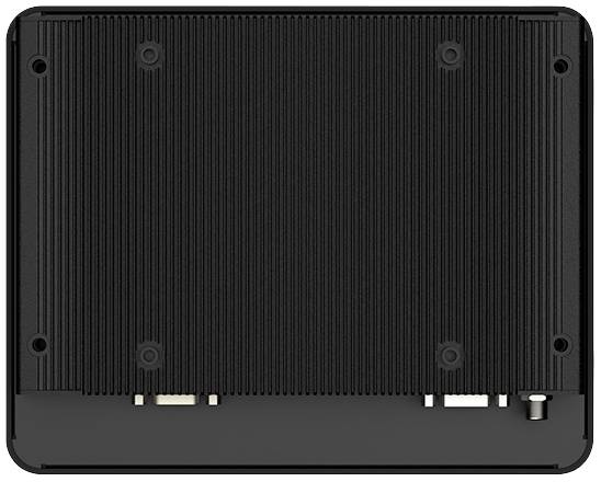 Vue arrière d'un appareil électronique à surface striée noire, avec des connexions visibles en bas.