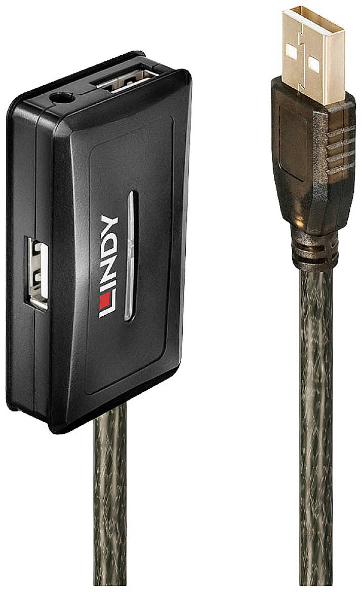 Câble de transfert de données USB avec boîtier noir et deux connecteurs USB. Utilisé pour transférer des données entre des appareils.