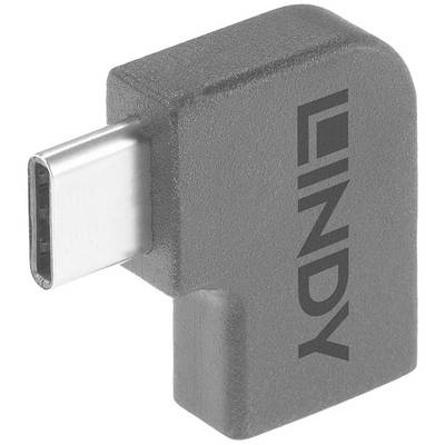 Un petit adaptateur coudé USB-C gris de la marque LINDY, qui permet une connexion facile dans des espaces restreints.