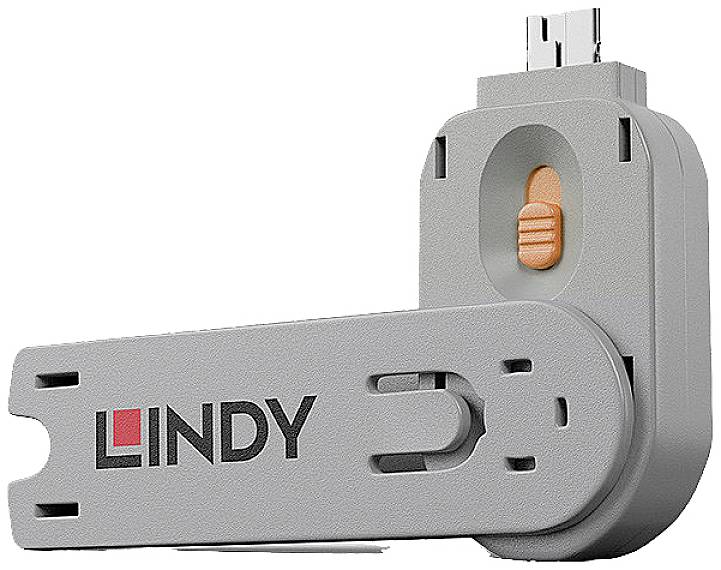 Clé USB Grauer Lindy avec mécanisme pivotant rotatif et interrupteur orange sur le dessus.