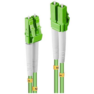 Câble à fibre optique vert avec deux connecteurs, étiquetés '1' et '2'.