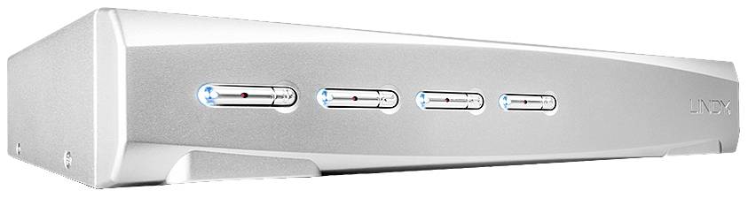 Switch réseau argenté avec cinq ports illuminés sur le devant, nom de marque 'LINX' visible à droite.