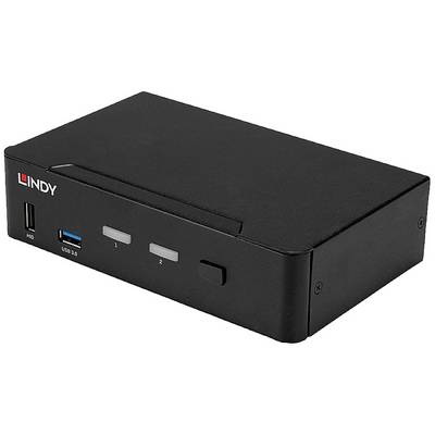 Boîte électronique noire avec deux ports USB et deux boutons sur la façade, de marque 'Lindy', destinée à des fins de connexion.