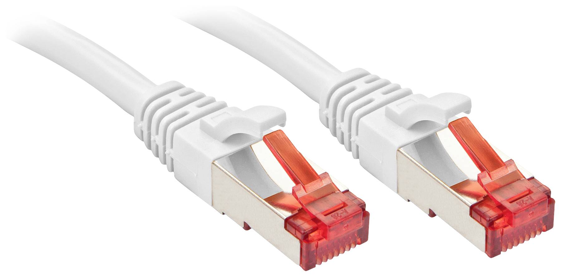 Un câble Ethernet blanc avec des connecteurs rouges à chaque extrémité, utilisé pour les connexions réseau.