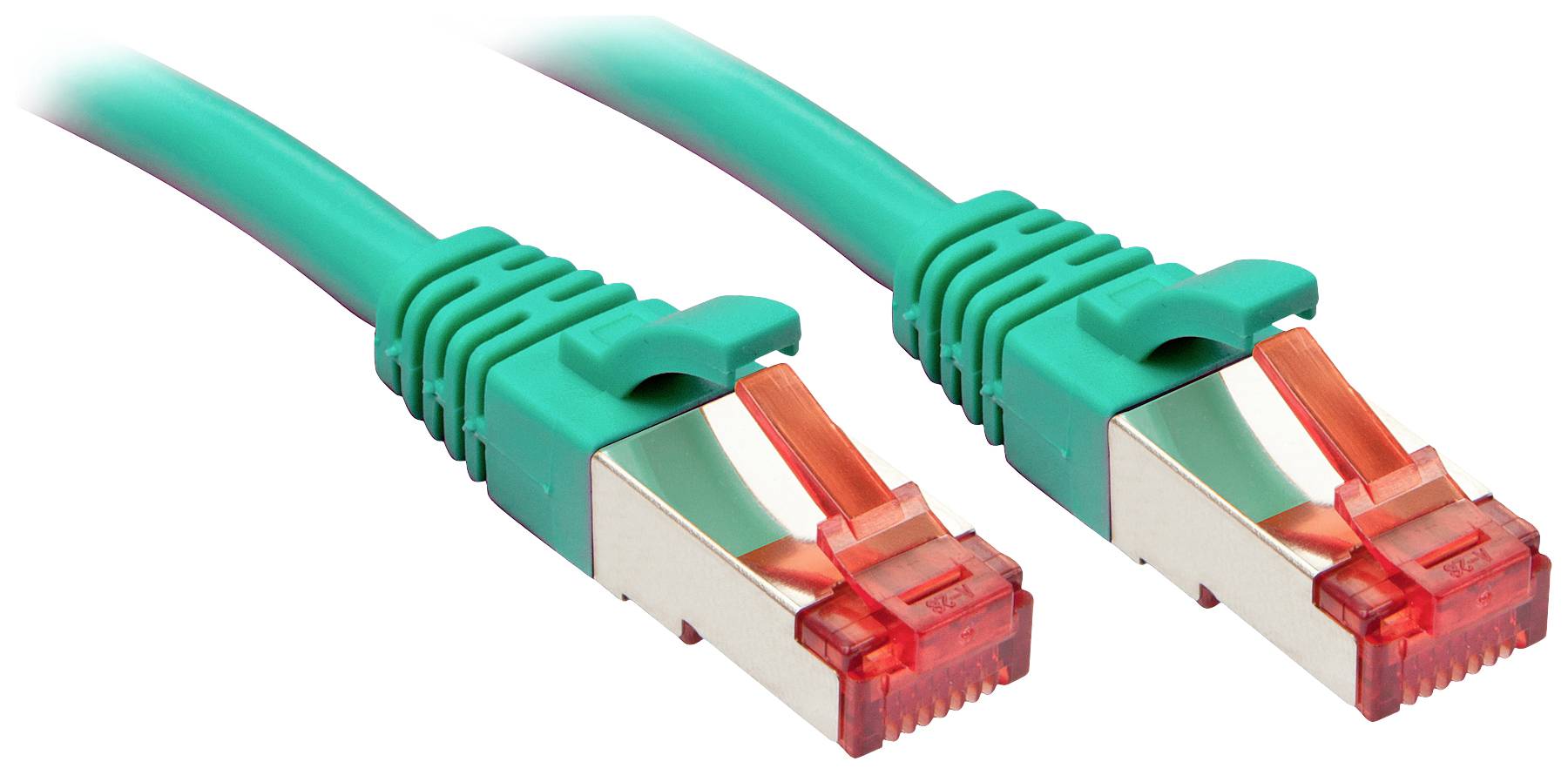 Deux câbles Ethernet verts avec des extrémités métalliques et des connecteurs rouges. Adaptés pour les connexions réseau.