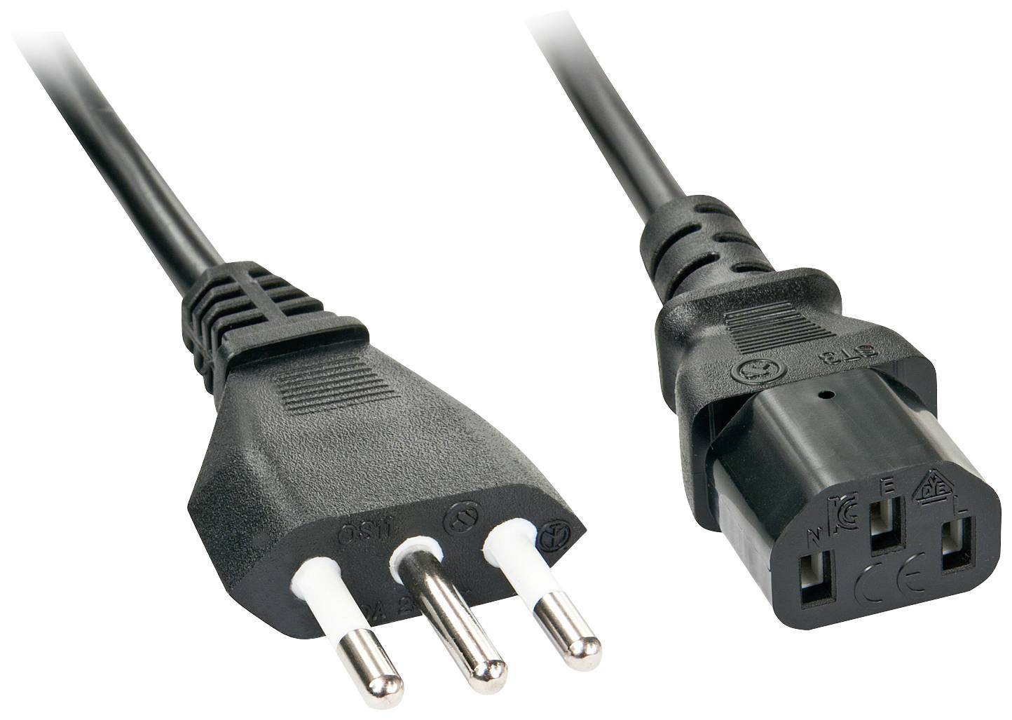 'Câble électrique : À gauche une fiche Schuko, à droite une fiche IEC C13. Les deux extrémités sont noires. Adapté aux appareils informatiques.'