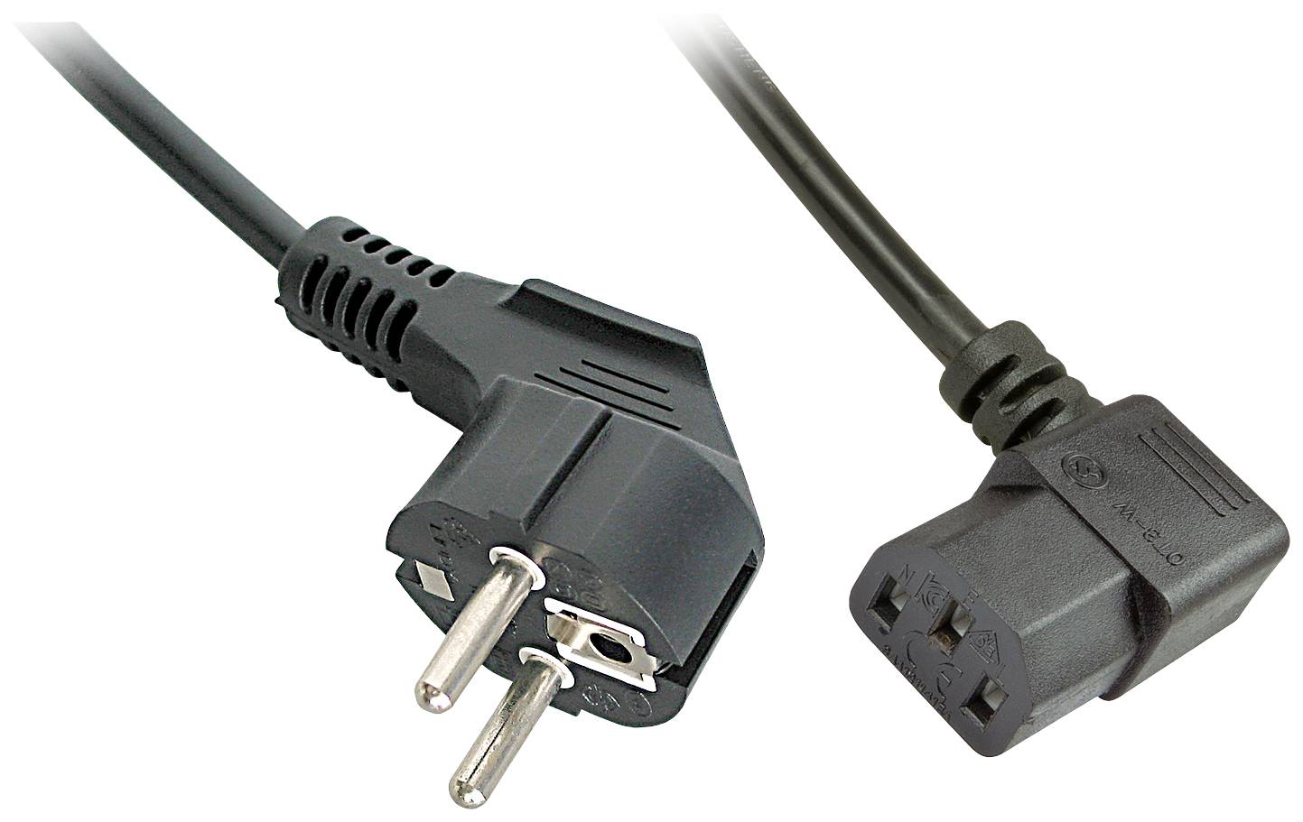 Un câble réseau noir avec une fiche Schuko à gauche et une fiche IEC-C13 à droite ; adapté aux appareils électroniques.