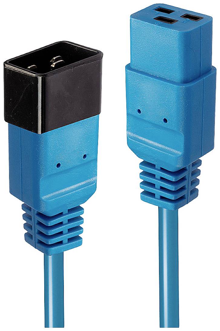 Deux câbles électriques bleus avec fiches mâle et femelle. La fiche mâle possède deux broches plates, et la prise femelle deux orifices.