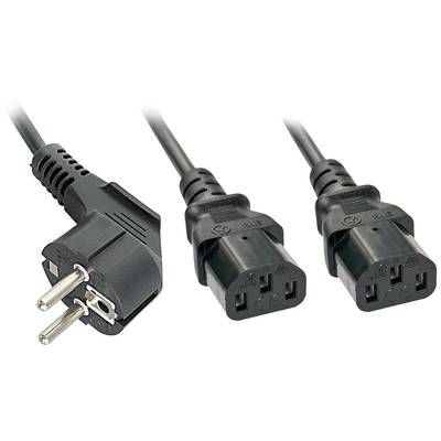 Trois câbles électriques noirs : à gauche une fiche Schuko et à droite deux fiches IEC-C13. Utilisés pour raccorder des appareils électriques.