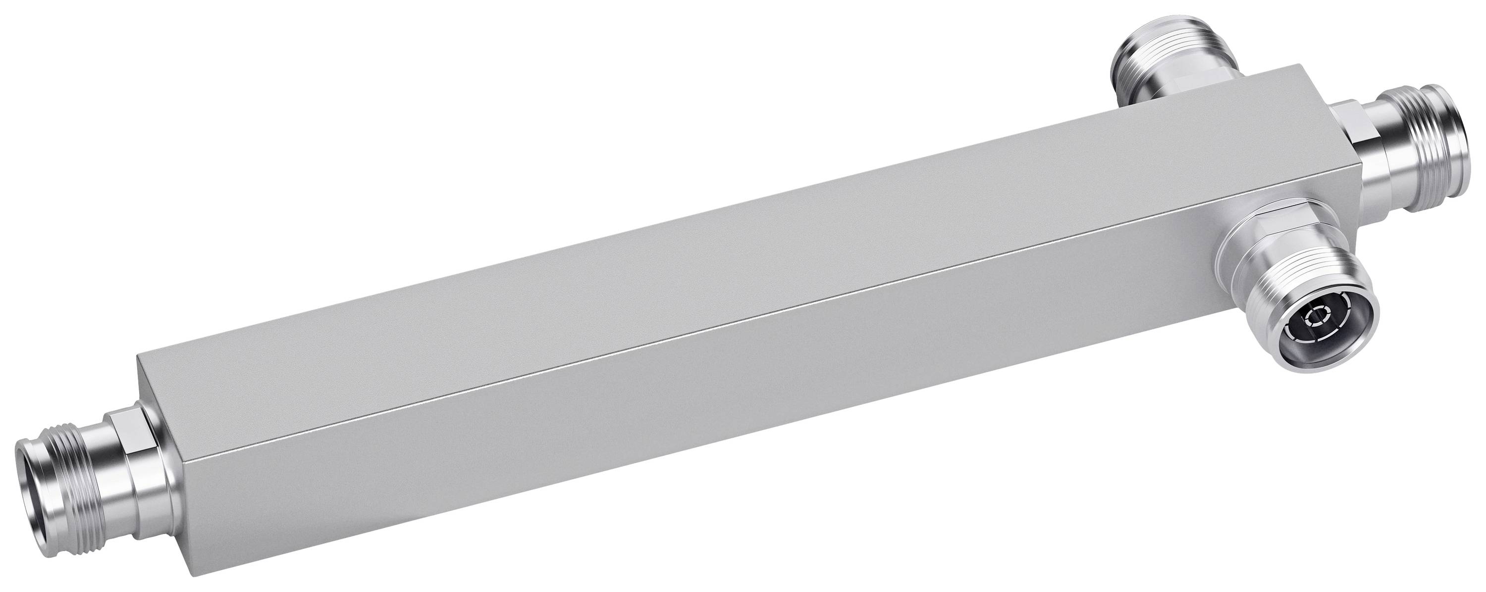 Une pièce métallique rectangulaire avec quatre connexions à ses extrémités. Probablement un distributeur ou un raccord.