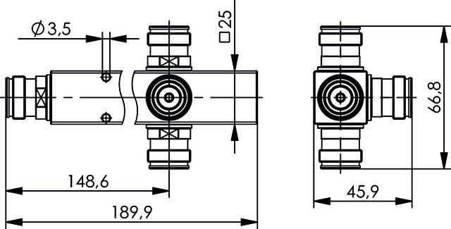 Dessin technique d'une soupape avec dimensions : Longueur 189,9 mm, Largeur 66,8 mm. Diamètre de tube 3,5 mm et 25 mm.