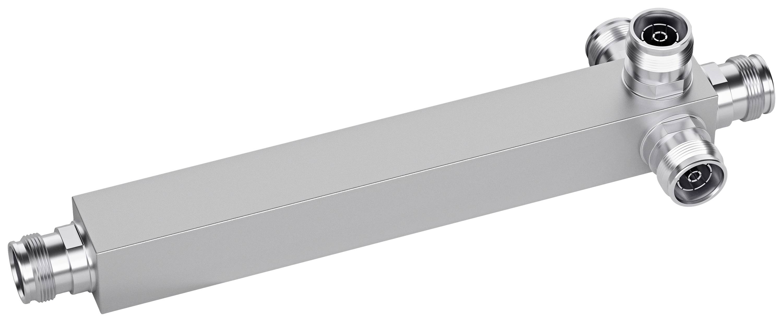 Un tube rectangulaire en métal argenté avec des raccords à chaque extrémité et deux raccords supplémentaires sur le dessus.