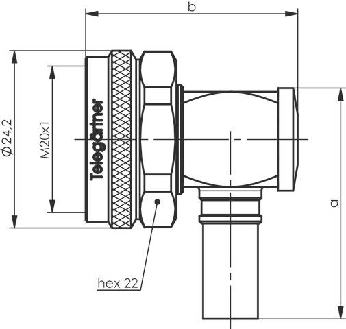 Dessin technique d'un connecteur avec des annotations telles que 'hex 22' et 'M20x1', présentant les dimensions et les mesures de filetage.