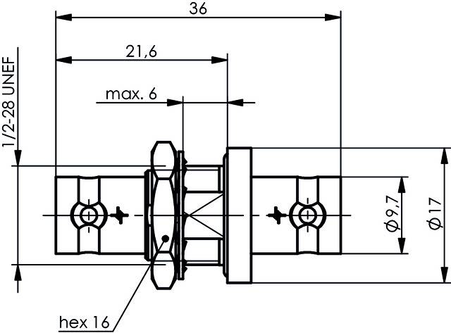 Dessin technique d'un composant avec dimensions en mm : Longueur 36, Diamètre 17, Filetage 1/2-28 UNEF, vis hexagonale 16.