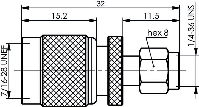 Dessin technique d'un raccord métallique avec dimensions : longueur totale 32 mm, diamètre extérieur 15,2 mm, filetage 1/4-36 UNS, six pans 8 mm.