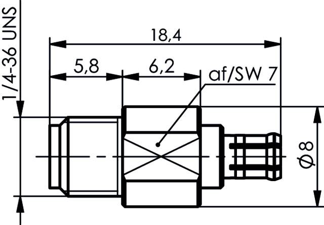 Dessin technique d'un connecteur avec dimensions : Longueur 18,4 mm, diamètre 6,2 mm, largeur de clé 7 mm, filetage extérieur 1/4-36 UNS.