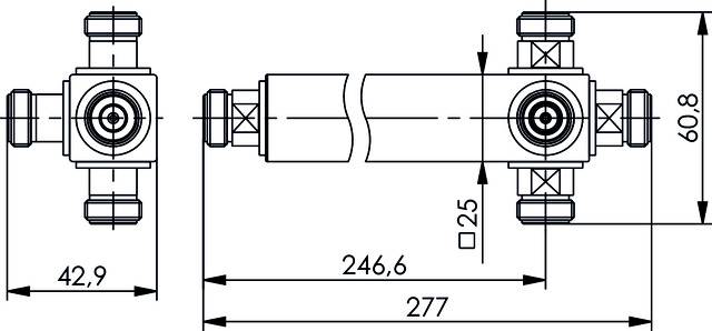 Dessin technique d'un composant hydraulique avec dimensions. Sont visibles des vues latérales et frontales avec indications de mesures.