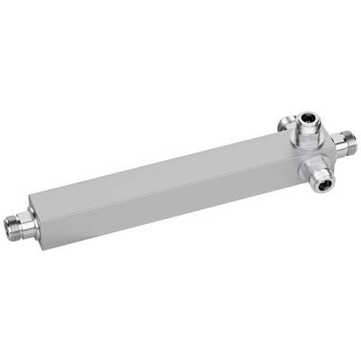 Un connecteur tubulaire rectangulaire en argent avec plusieurs raccordements à ses extrémités, probablement destiné à être utilisé dans des installations sanitaires ou de chauffage.
