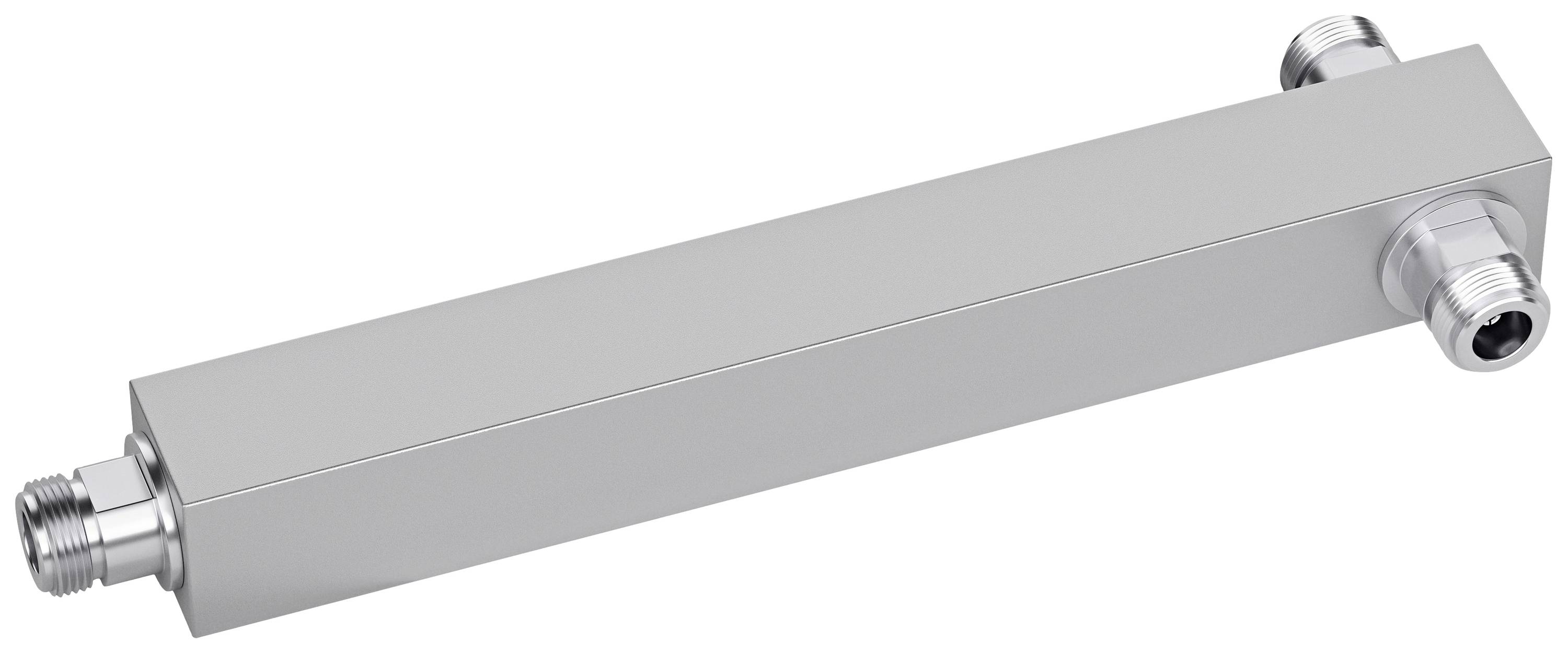 Un bloc métallique allongé, rectangulaire, avec des connexions aux deux extrémités, probablement une pièce de connexion industrielle ou un adaptateur.