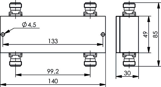 Dessin technique d'un composant rectangulaire avec les dimensions suivantes : largeur 140 mm, hauteur 85 mm, profondeur 30 mm, perçage Ø 4,5 mm.