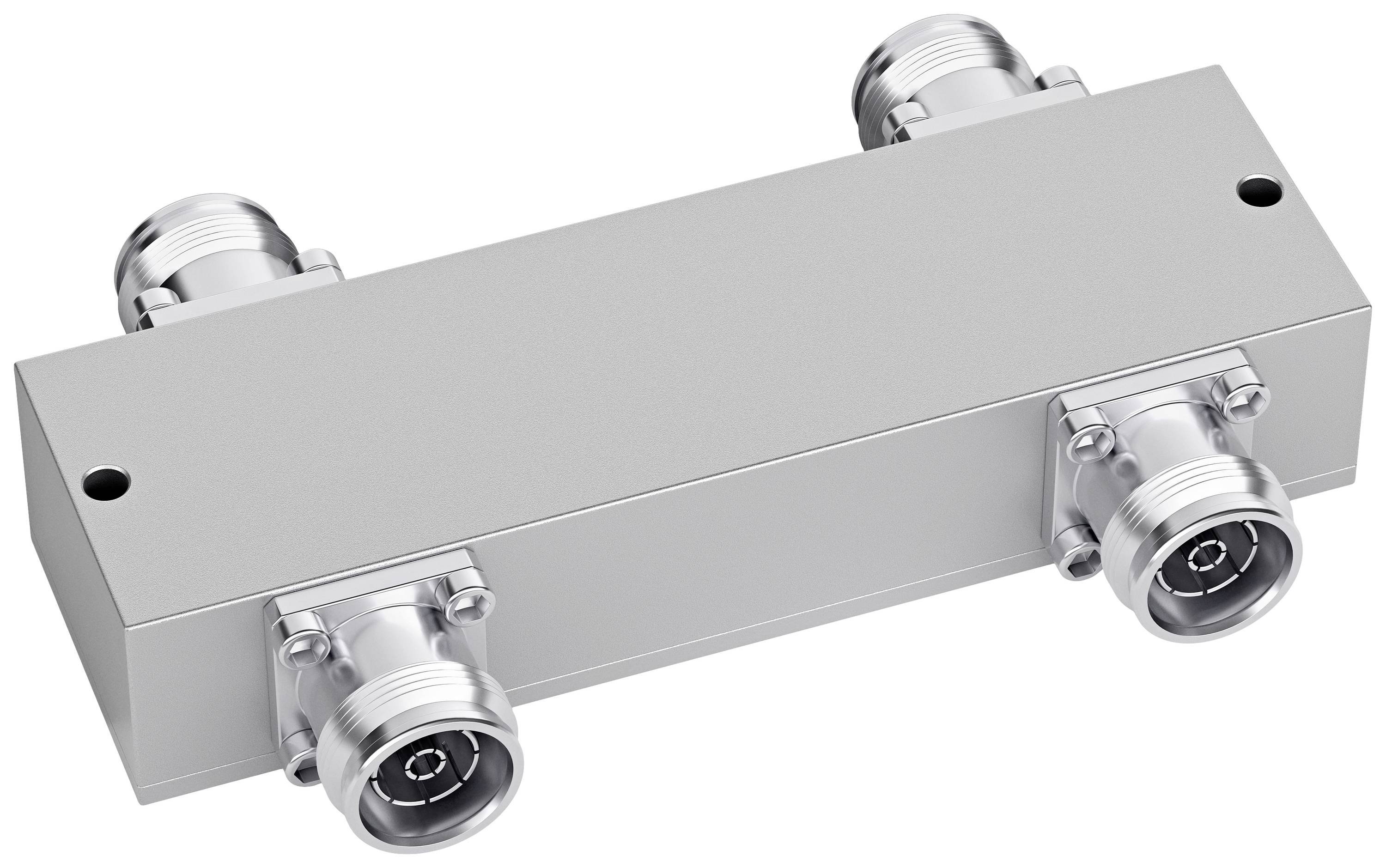 Un bloc distributeur en argent avec quatre raccords, deux de chaque côté, pour une répartition uniforme des liquides ou des gaz.