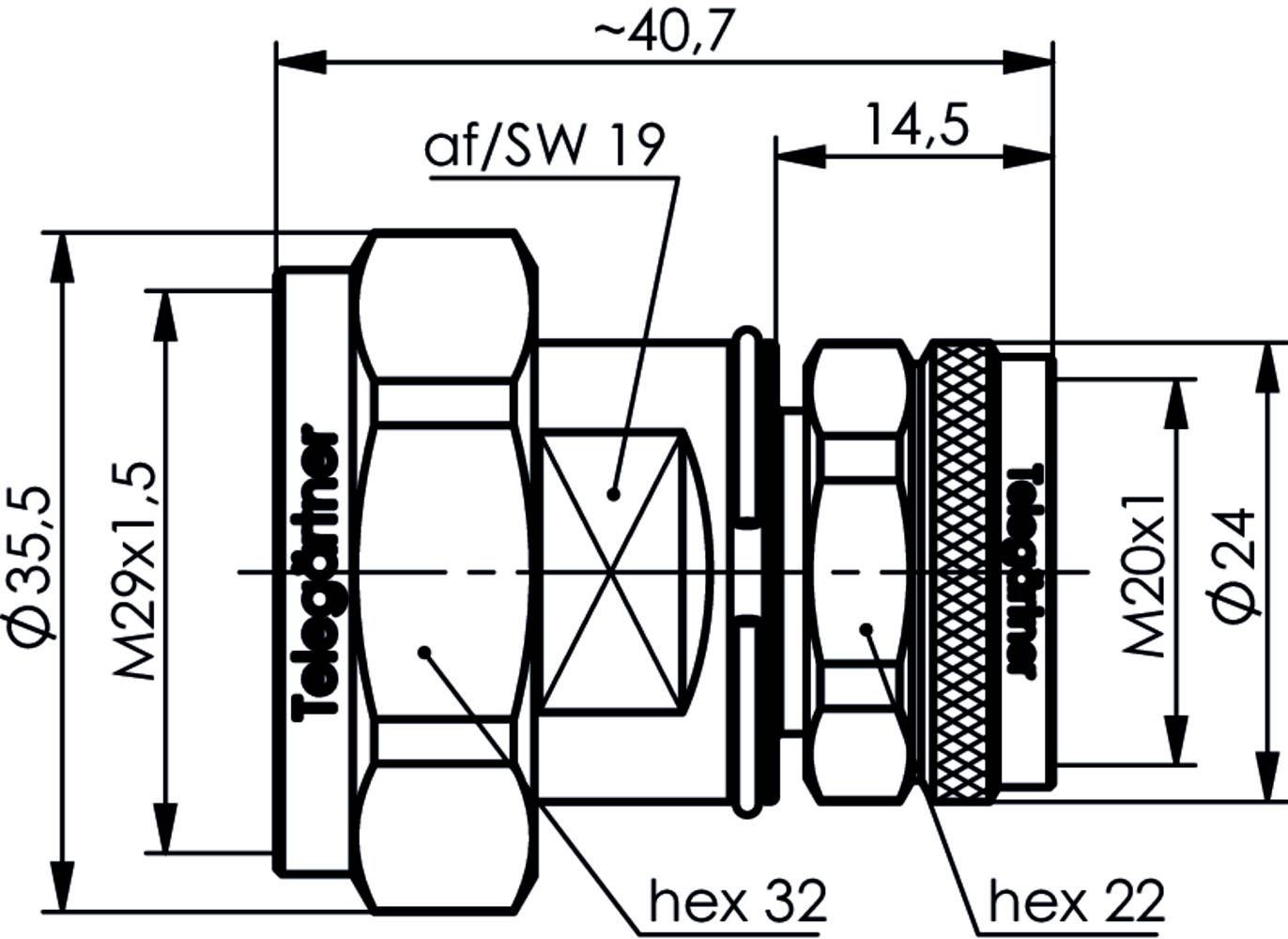 Dessin technique d'un connecteur. Les dimensions et types de filetage sont indiqués : M29x1,5, largeur de clé 19, hex 32, hex 22, et M20x1,5.