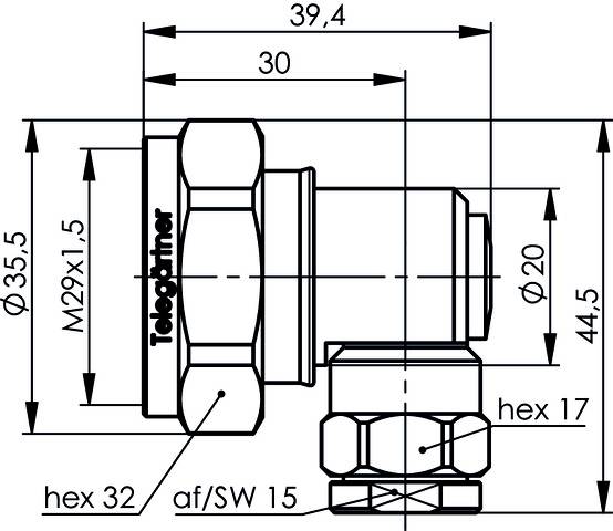 Dessin technique d'un boîtier de connecteur avec des dimensions détaillées et des tailles de filetage. Comprend des indications de diamètres et de longueurs.