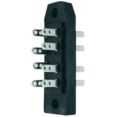 Un interrupteur électrique noir et allongé avec plusieurs connexions métalliques, probablement utilisé pour des appareils électroniques.