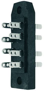 Connecteur électronique noir et argent avec plusieurs contacts métalliques disposés en deux rangées. Adapté pour un montage sur circuit imprimé.