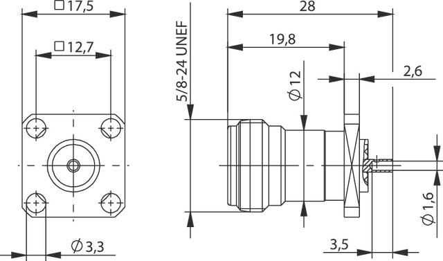Dessin technique d'un connecteur électrique avec dimensions en millimètres. Indique le diamètre, les longueurs et le type de filetage.