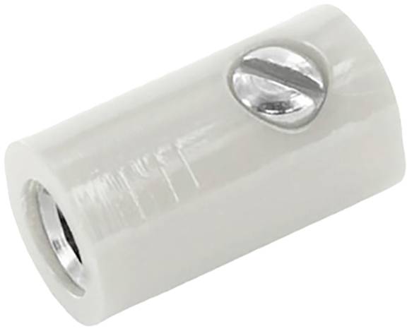Un connecteur de câble cylindrique blanc avec une vis métallique pour fixer les fils.