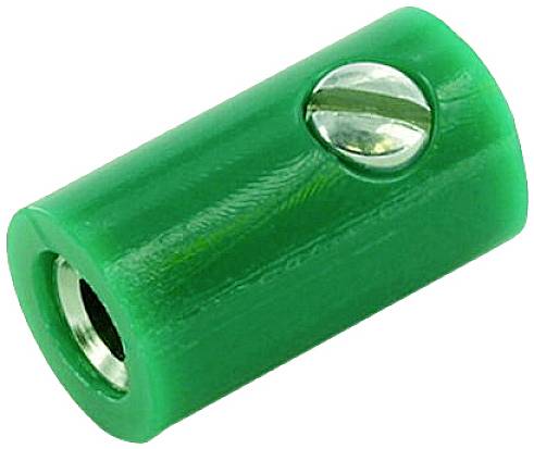 Connecteur de câble en plastique vert avec vis métallique en haut. Couramment utilisé dans les installations électriques pour raccorder des câbles.