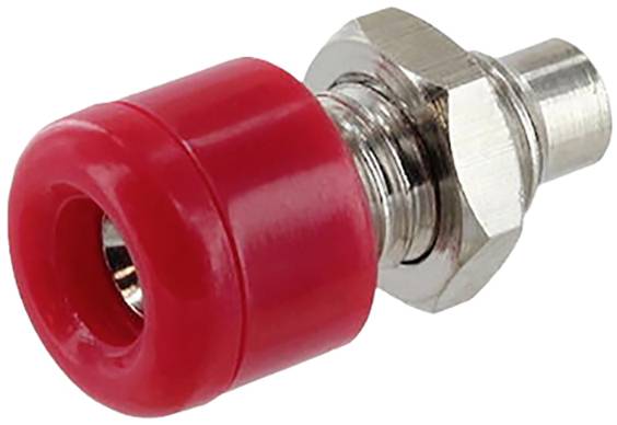 Prise banane rouge avec filetage métallique, vue latérale. Utilisée pour les connexions électriques dans les appareils audio et vidéo.