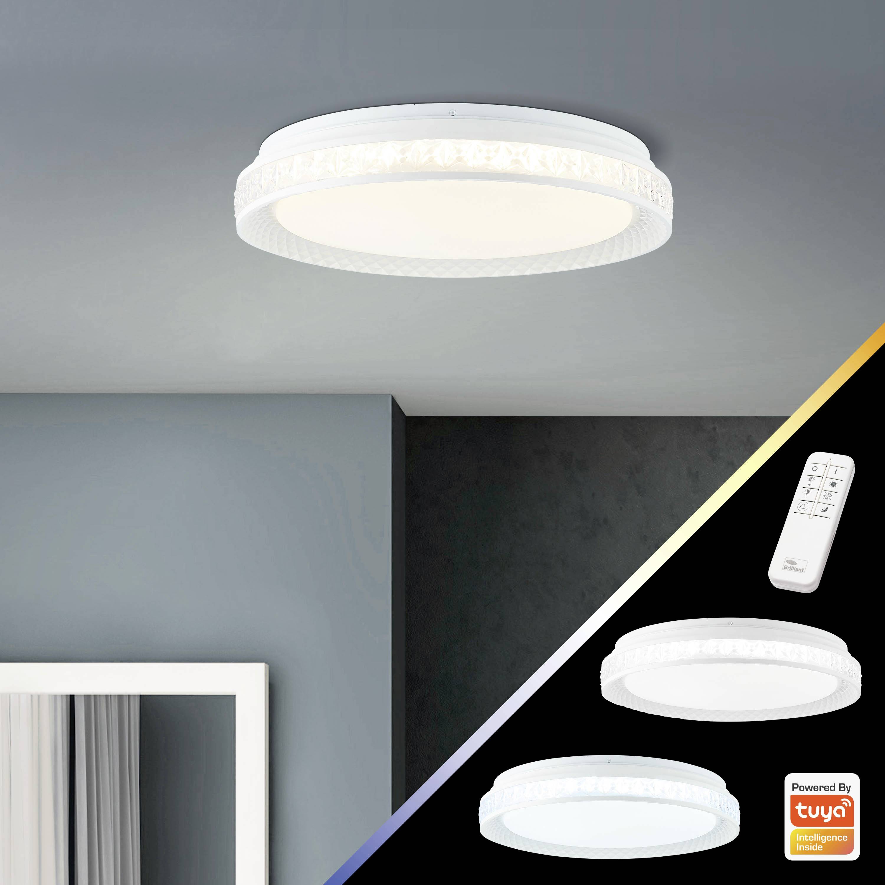 Plafonnier LED circulaire avec télécommande, à éclairage intense. Deux petites images présentent différentes ambiances lumineuses.