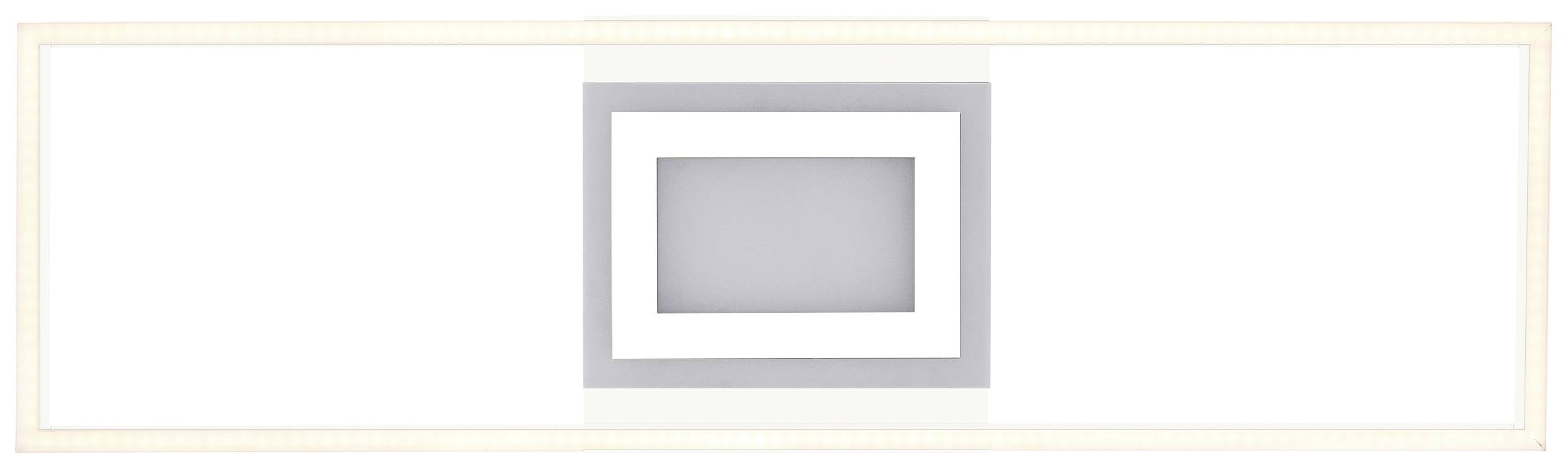 Une installation artistique minimaliste composée de trois carrés imbriqués, dans les tons de gris et de blanc, sur un fond rectangulaire blanc.