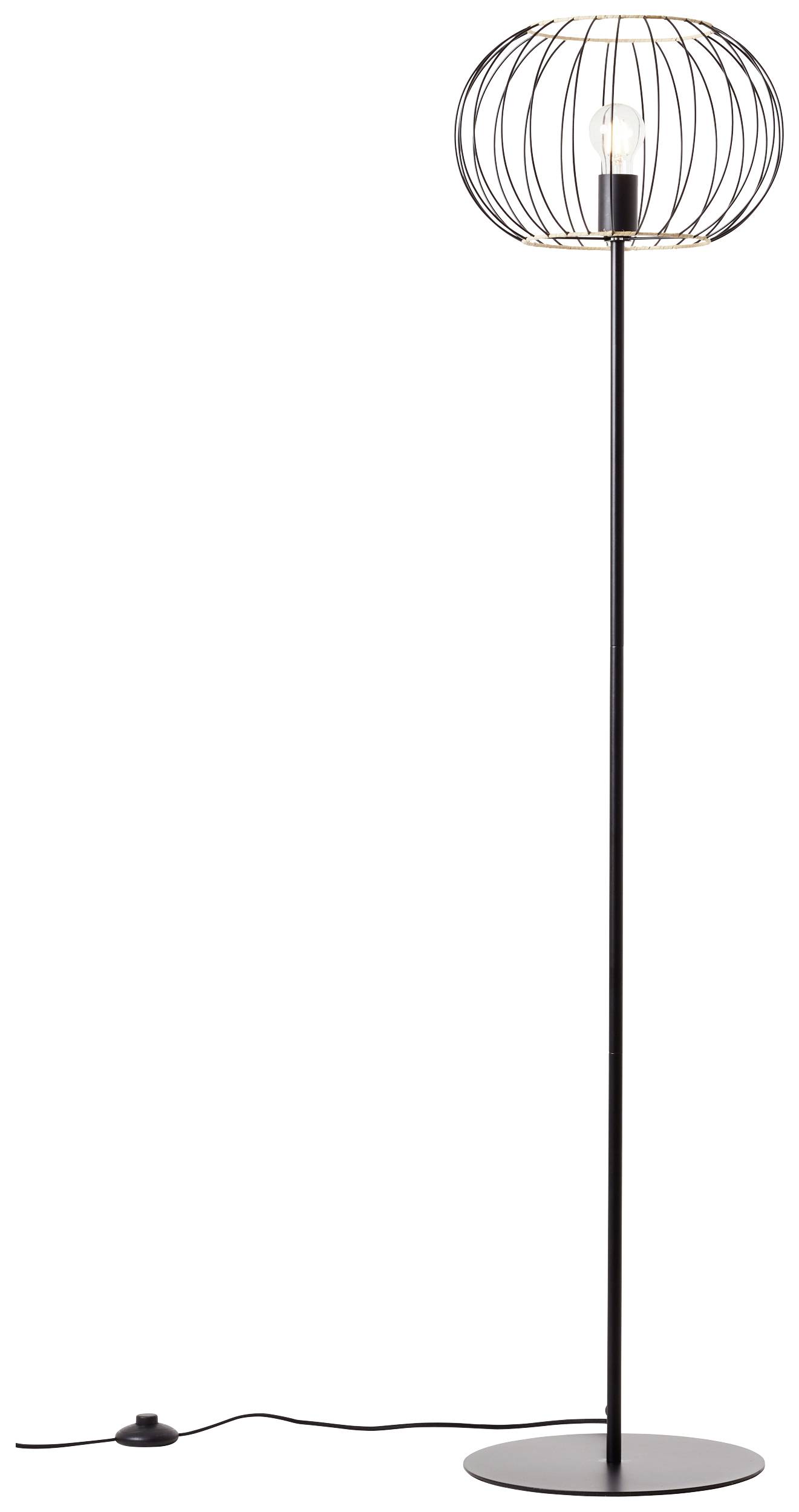 Lampadaire à structure métallique fine et noire, avec un abat-jour sphérique ouvert en fil métallique. Interrupteur situé au pied du lampadaire.