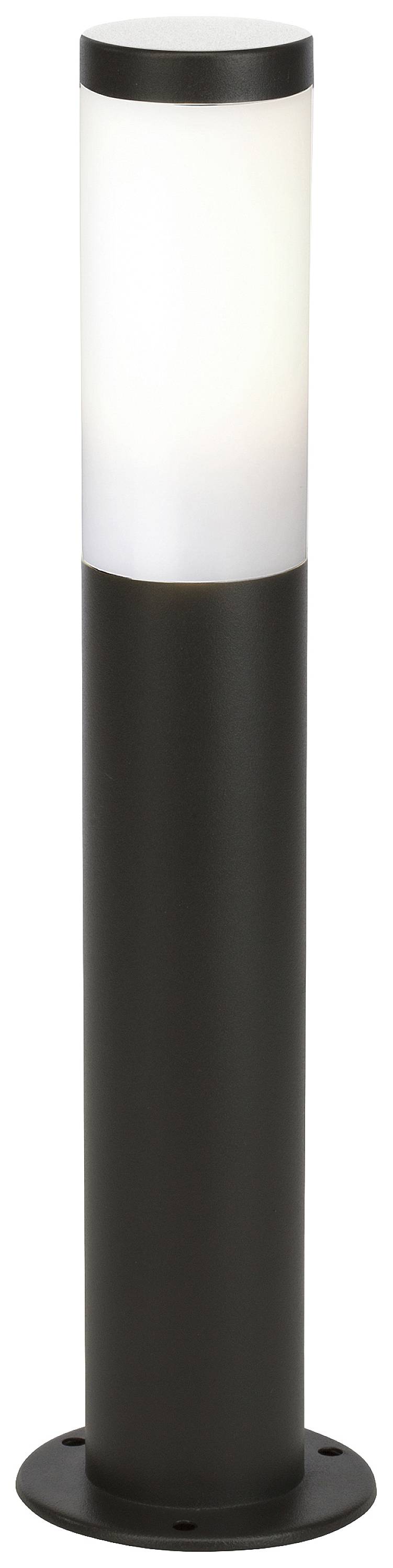 Un luminaire extérieur noir de forme cylindrique avec une partie supérieure blanche et transparente pour la diffusion lumineuse.