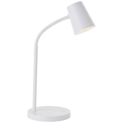 Lampe de table blanche moderne avec bras courbé et abat-jour conique, adaptée à l'éclairage de lecture ou de bureau.