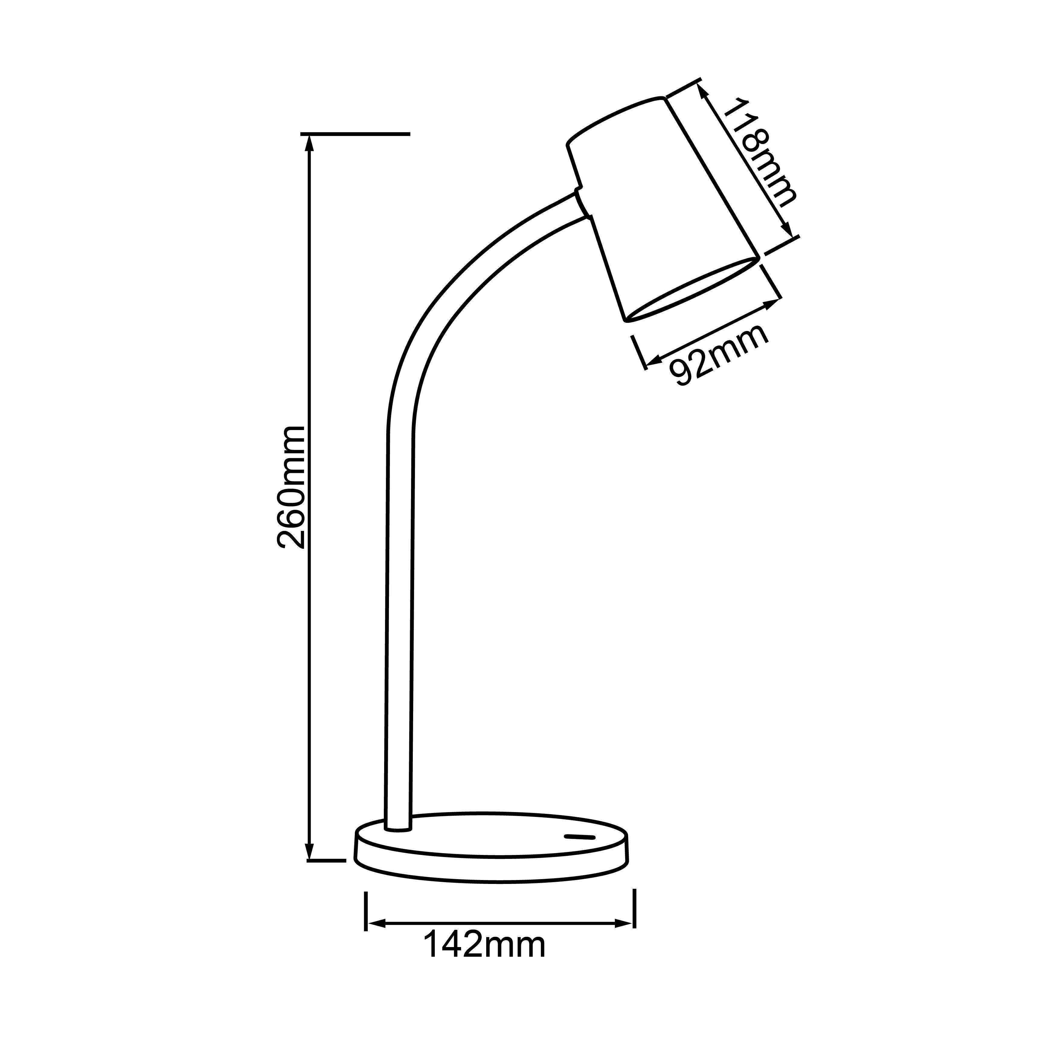 Esquisse d'une lampe de table avec dimensions : hauteur 260 mm, largeur du socle 142 mm, tête de lampe longue de 118 mm et large de 92 mm.