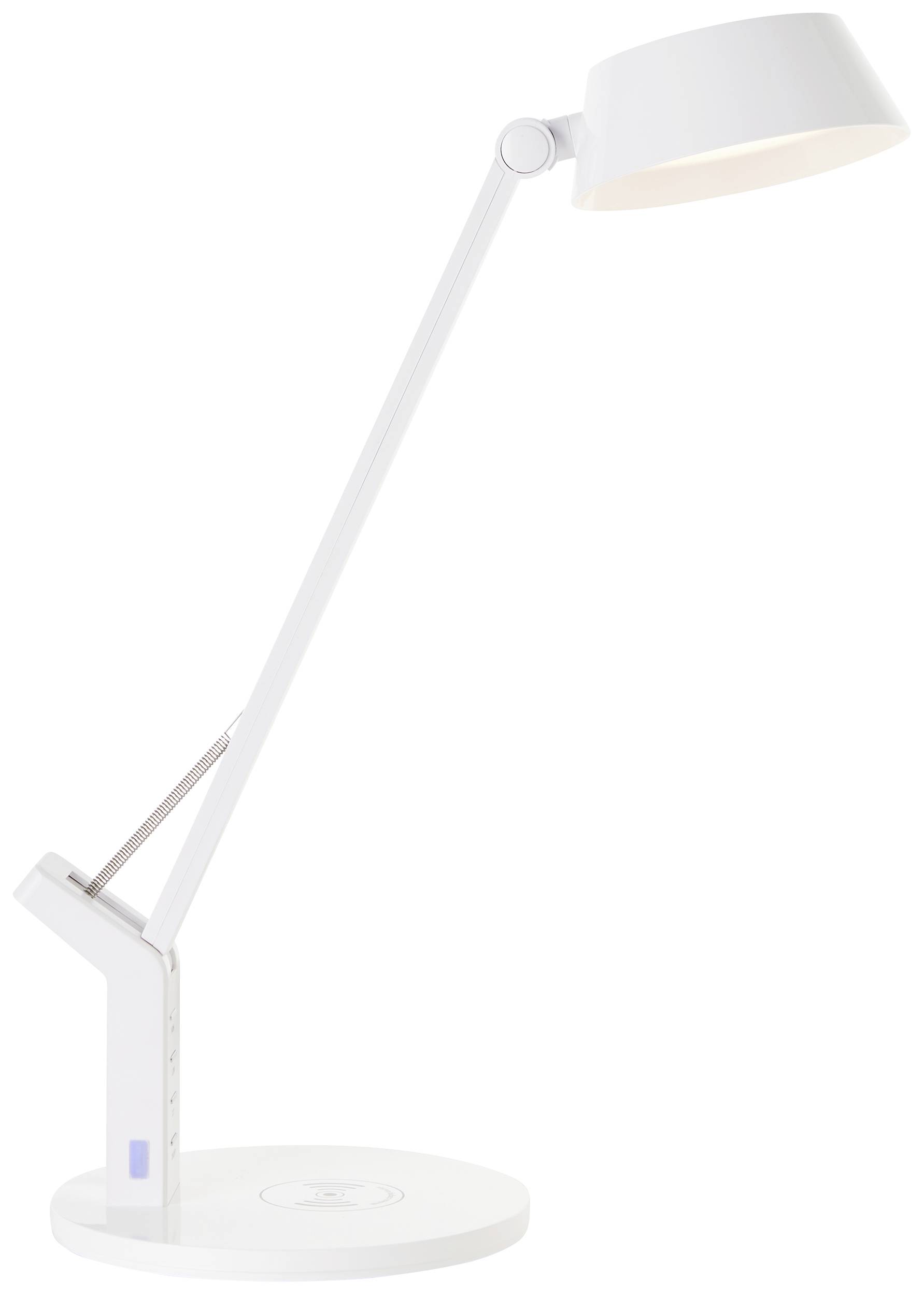 Lampe de bureau blanche et moderne avec bras ajustable et abat-jour rond, reposant sur un socle circulaire, adaptée à l'éclairage d'un espace de travail.