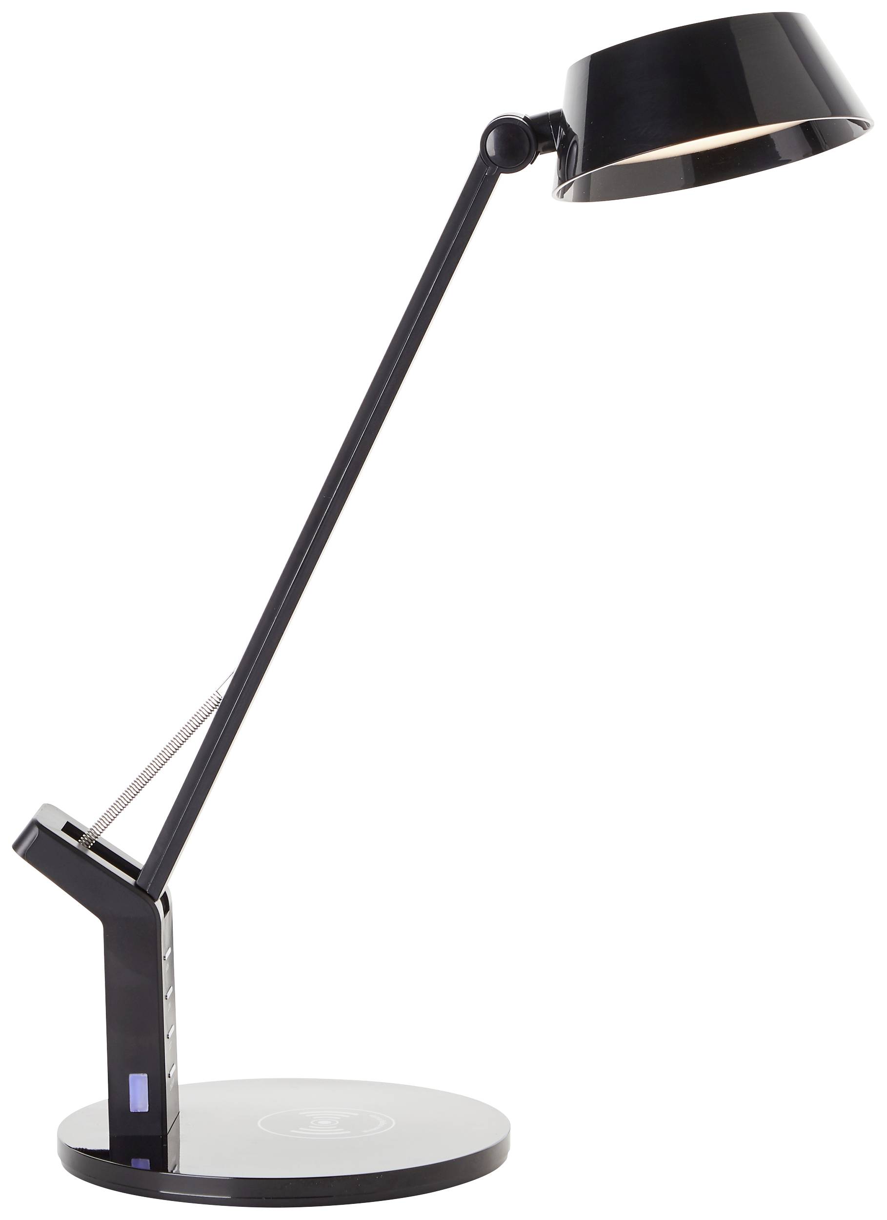 Lampe de bureau noire brillante avec bras ajustable et base ronde. Design moderne, adaptée à l'éclairage de bureau ou d'intérieur.