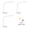 Trois lampes de table blanches avec col flexible et éclairage LED sur fond blanc. En bas à droite, un diagramme portant l'inscription 'CCT chaud-froid'.