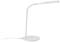 Lampe de table LED blanche minimaliste avec col flexible et base ronde sur un fond blanc.
