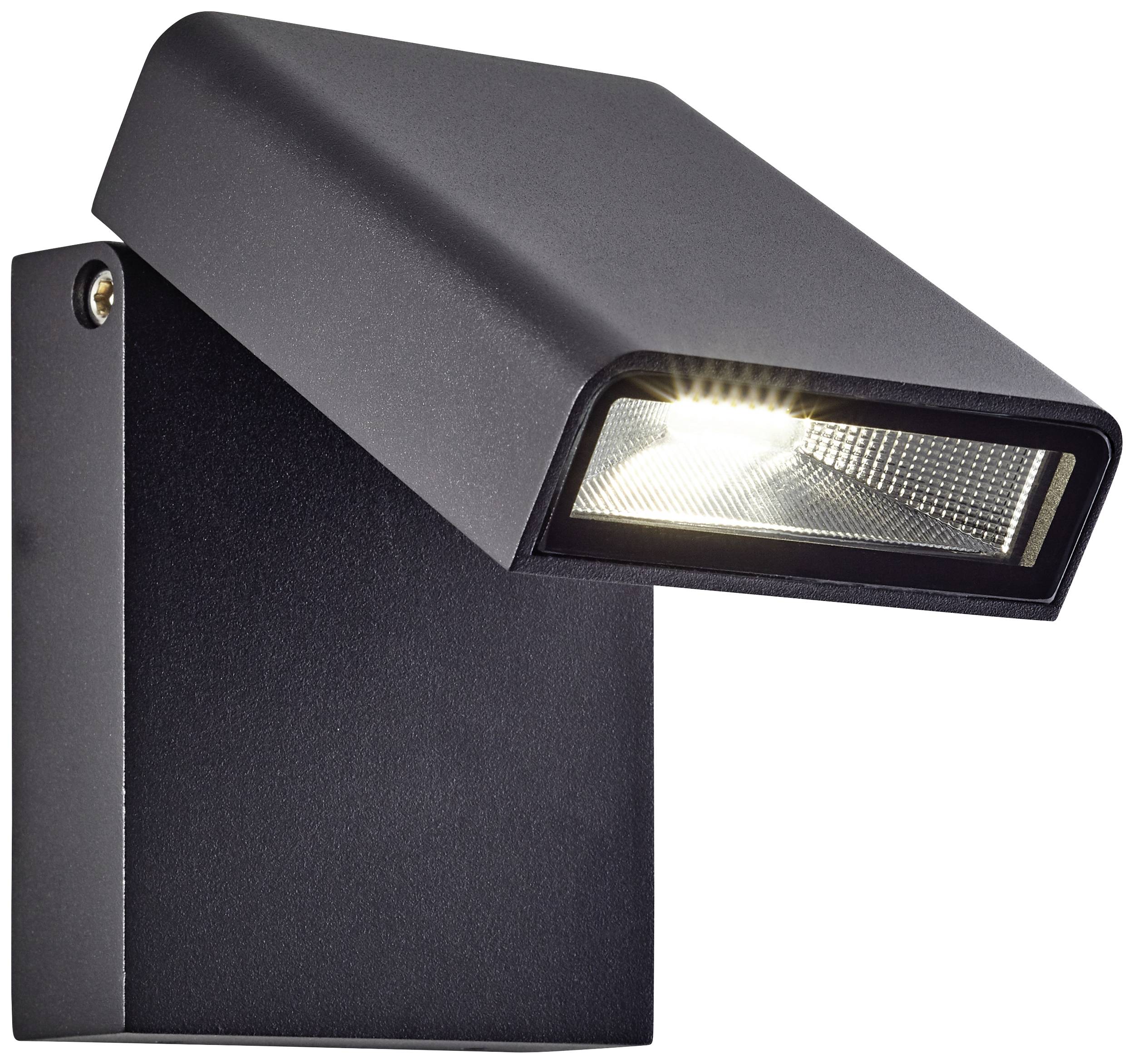 Applique murale d'extérieur LED noire au design rectangulaire moderne. La luminaire éclaire vers le bas et convient à l'éclairage d'accentuation.