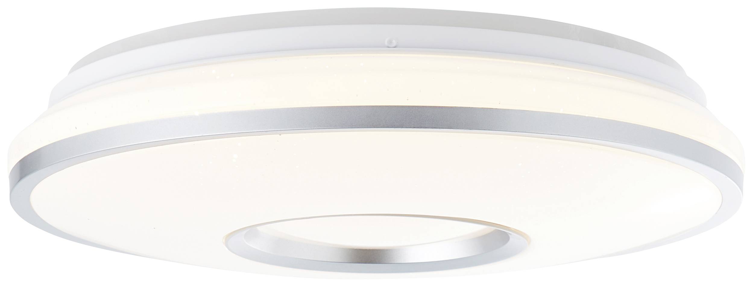 Plafonnier au design moderne et rond, anneau argenté et blanc, éclairage LED doux pour une ambiance chaleureuse.