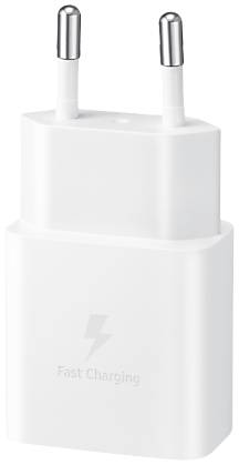 Chargeur blanc avec deux broches de connexion et l'inscription 'Charge Rapide' en dessous, accompagné d'un symbole de foudre.