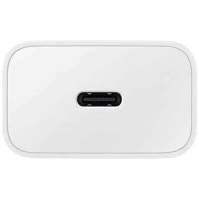 Un chargeur blanc avec un port USB-C au centre ; un design simple et moderne.