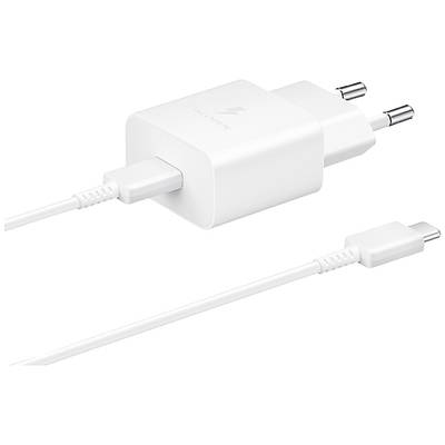 Un chargeur USB-C blanc avec câble connecté, adapté aux prises électriques européennes.