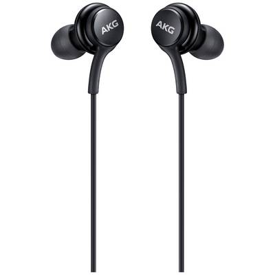 Écouteurs intra-auriculaires noirs de la marque AKG avec câble, design épuré. Parfaits pour profiter de la musique en déplacement.
