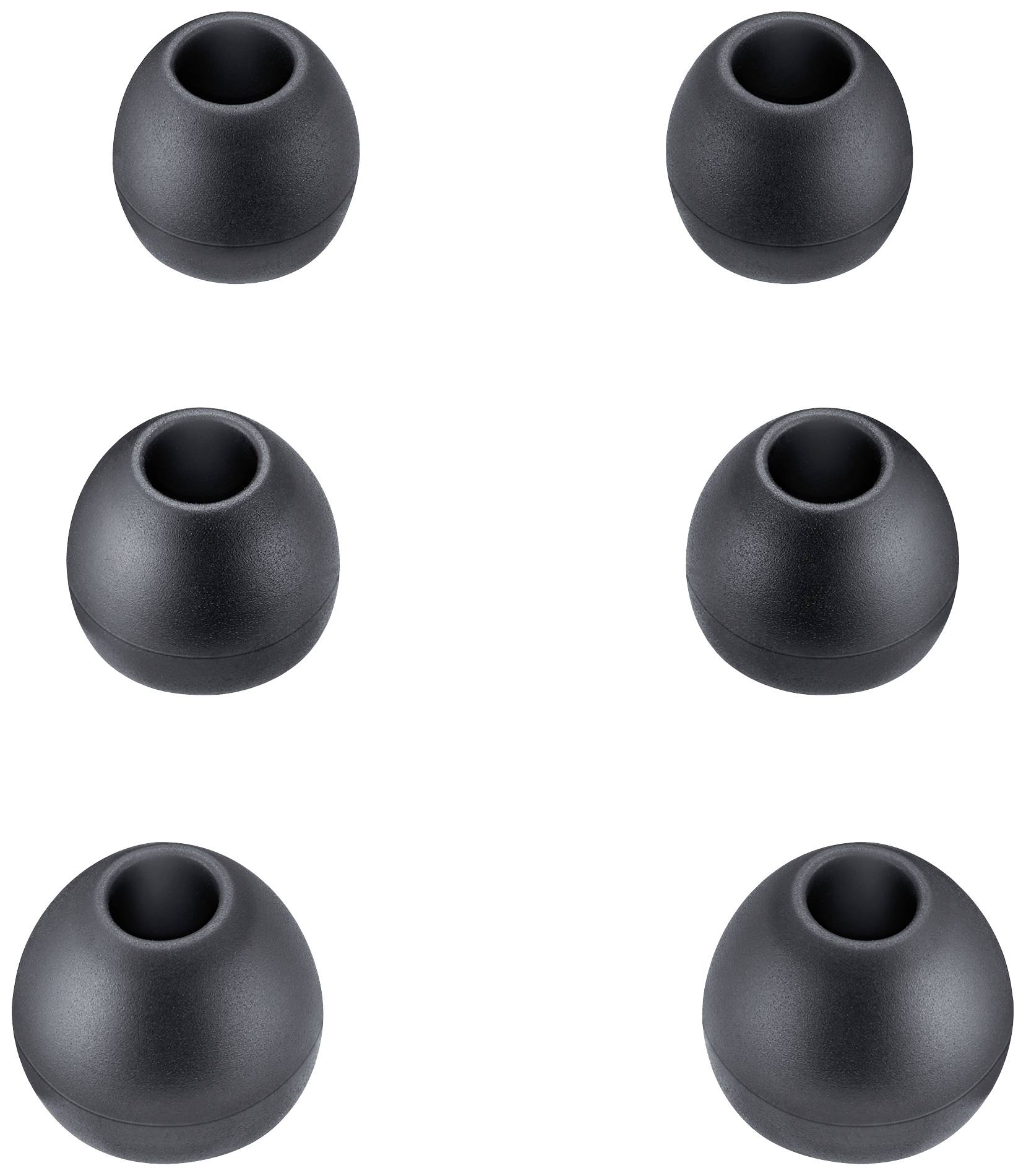 Six embouts d'oreille de rechange en noir, disposés symétriquement en deux rangées de trois pièces chacune.